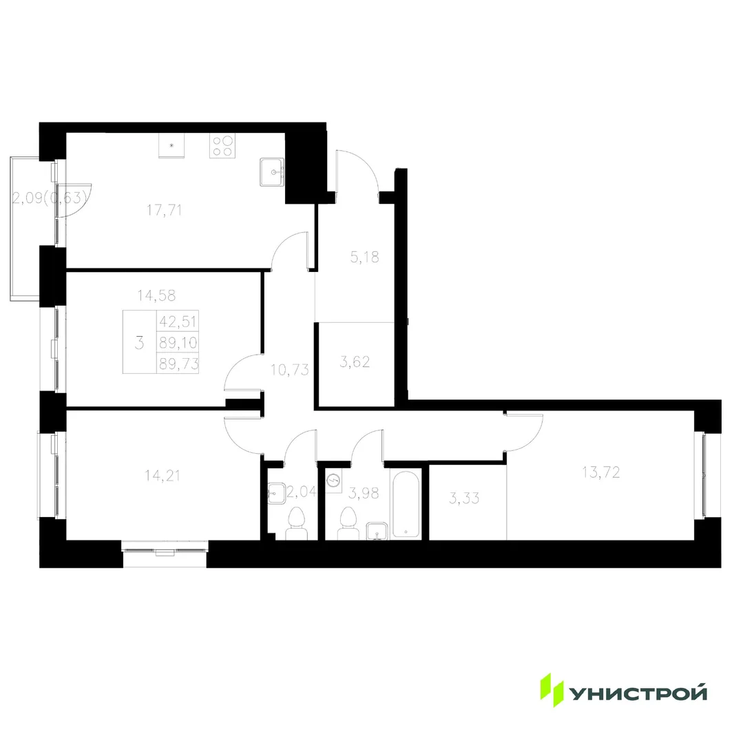 Планировка 3-комн. квартира, 89.73 м² ЖК «Statum»