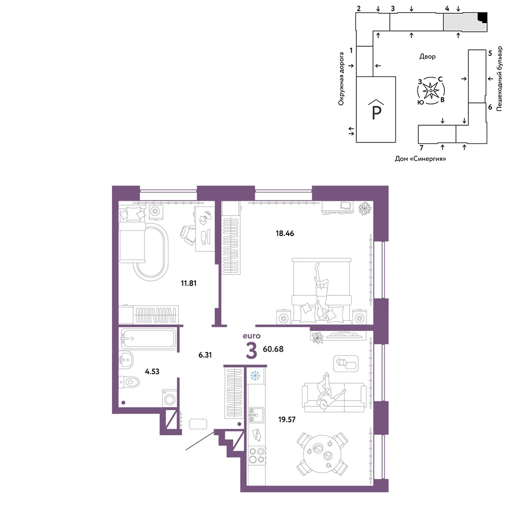 Планировка 3-комн. квартира, 60.68 м² ЖК «Юнион»