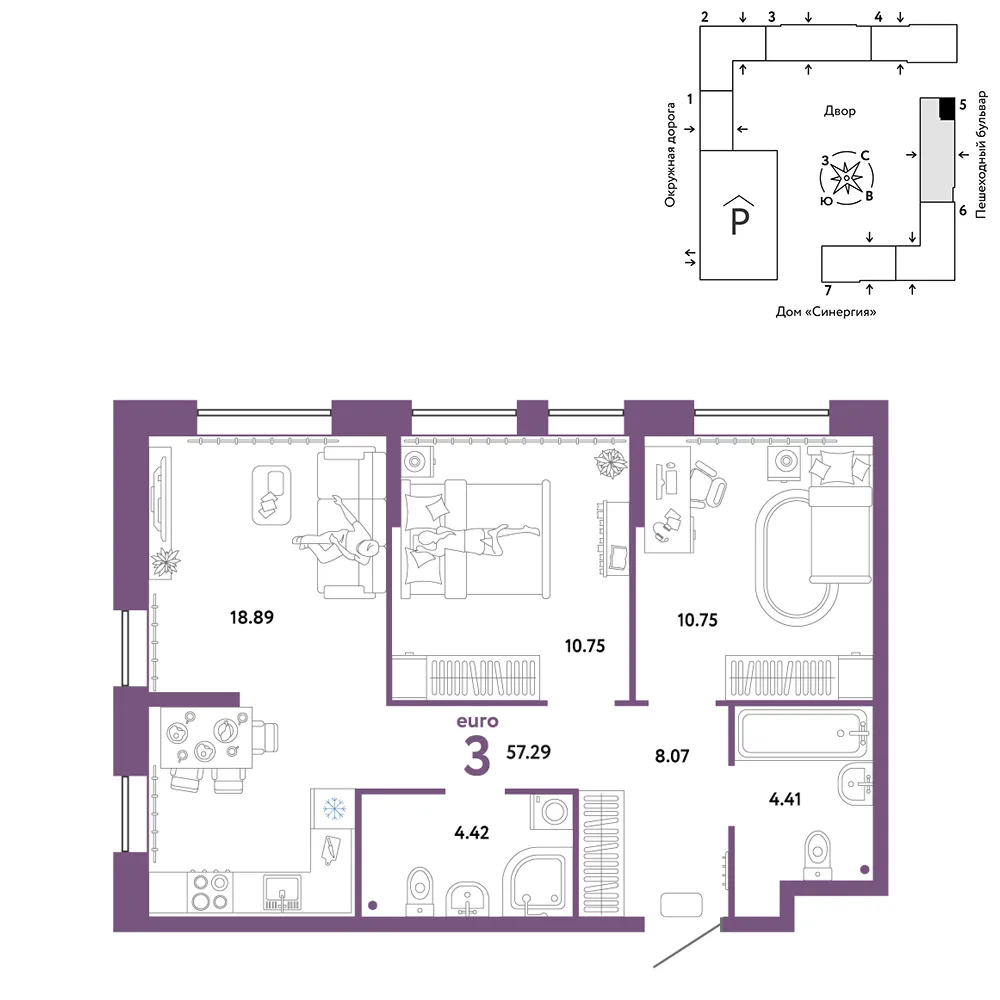 Планировка 3-комн. квартира, 57.29 м² ЖК «Юнион»