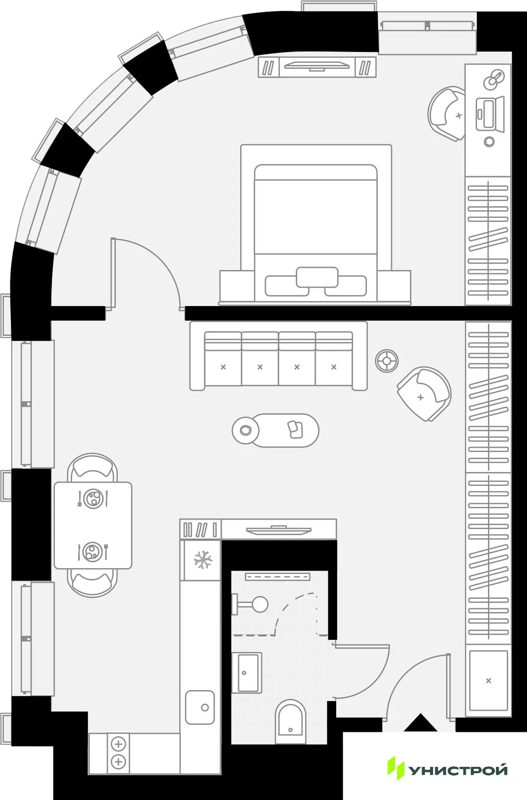 Планировка 1-комн. квартира, 47.65 м² ЖК «YES Горки»