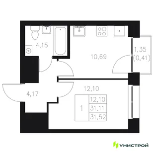 Планировка 1-комн. квартира, 31.52 м² ЖК «Statum»