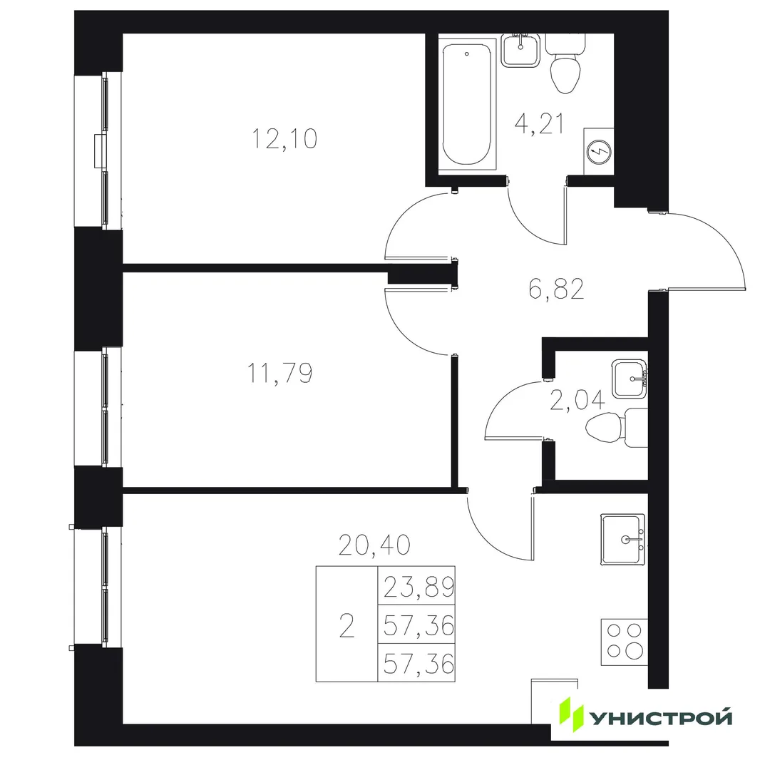 Планировка 2-комн. квартира, 57.36 м² ЖК «Statum»