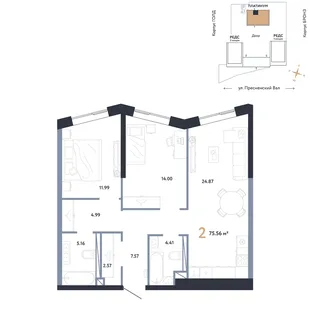 Планировка 2-комн. квартира, 75.56 м² ЖК «Репаблик»