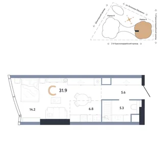 Планировка Студия, 31.9 м² ЖК «АУРУС Резиденции»