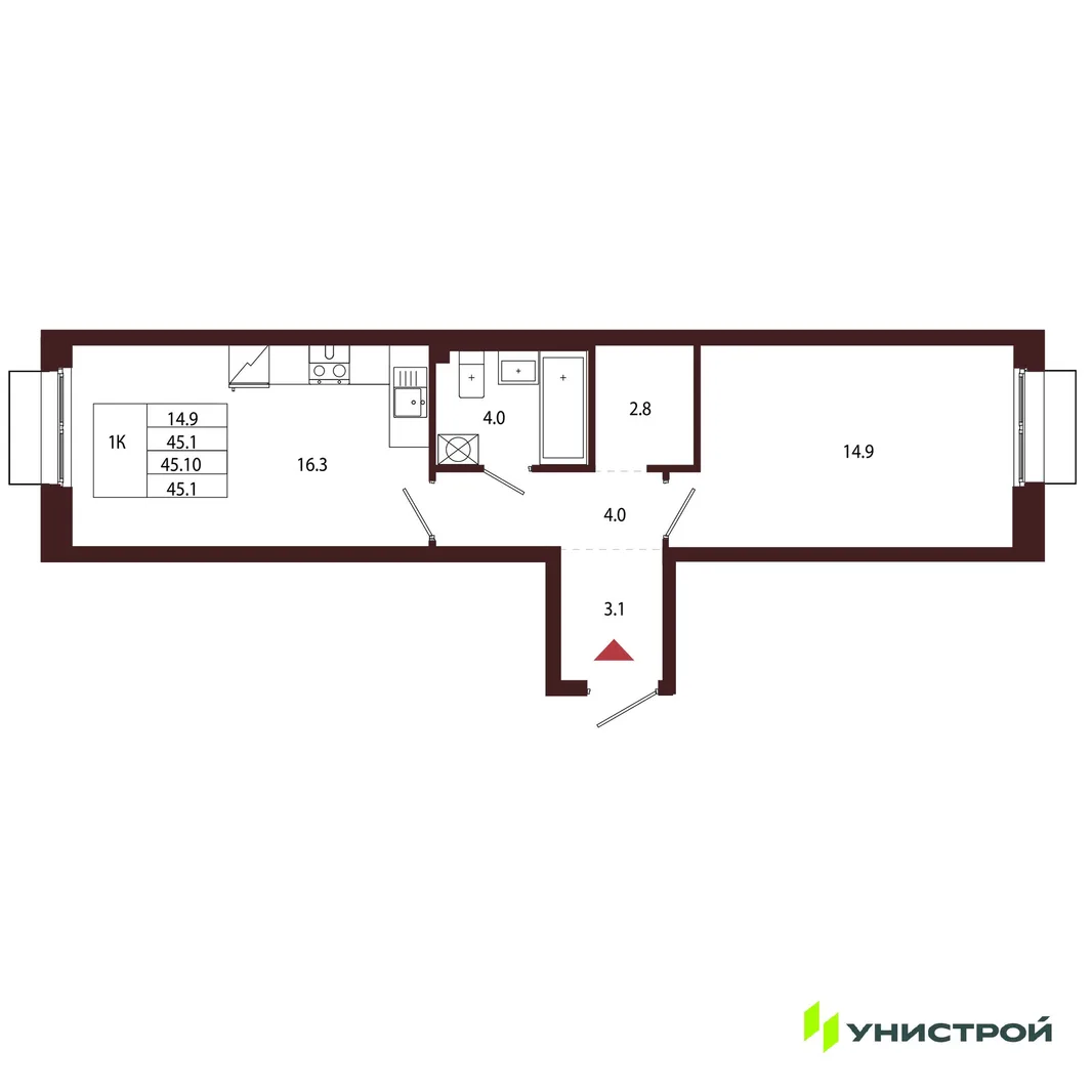 Планировка 1-комн. квартира, 45.1 м² ЖК «Лисино»