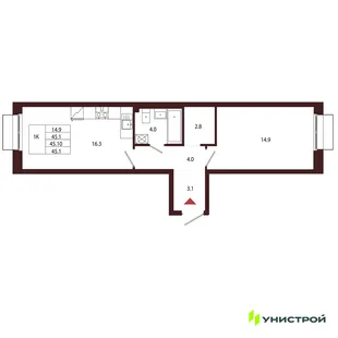 Планировка 1-комн. квартира, 45.1 м² ЖК «Лисино»