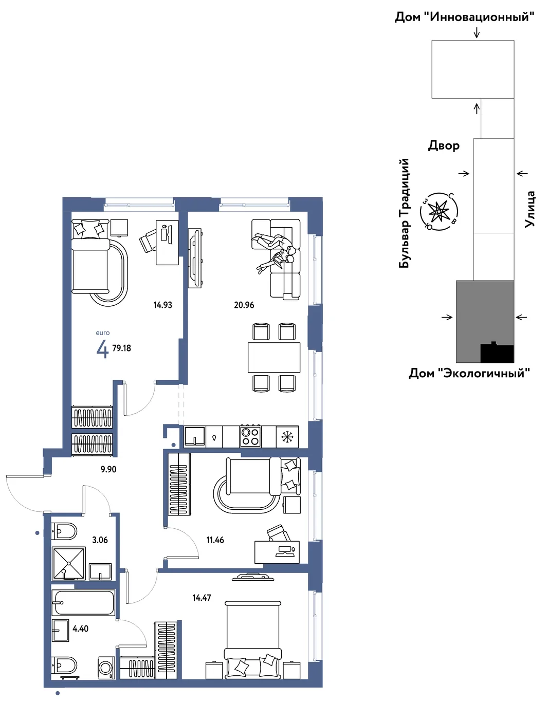 Планировка 4-комн. квартира, 79.18 м² ЖК «Микрорайон Домашний»