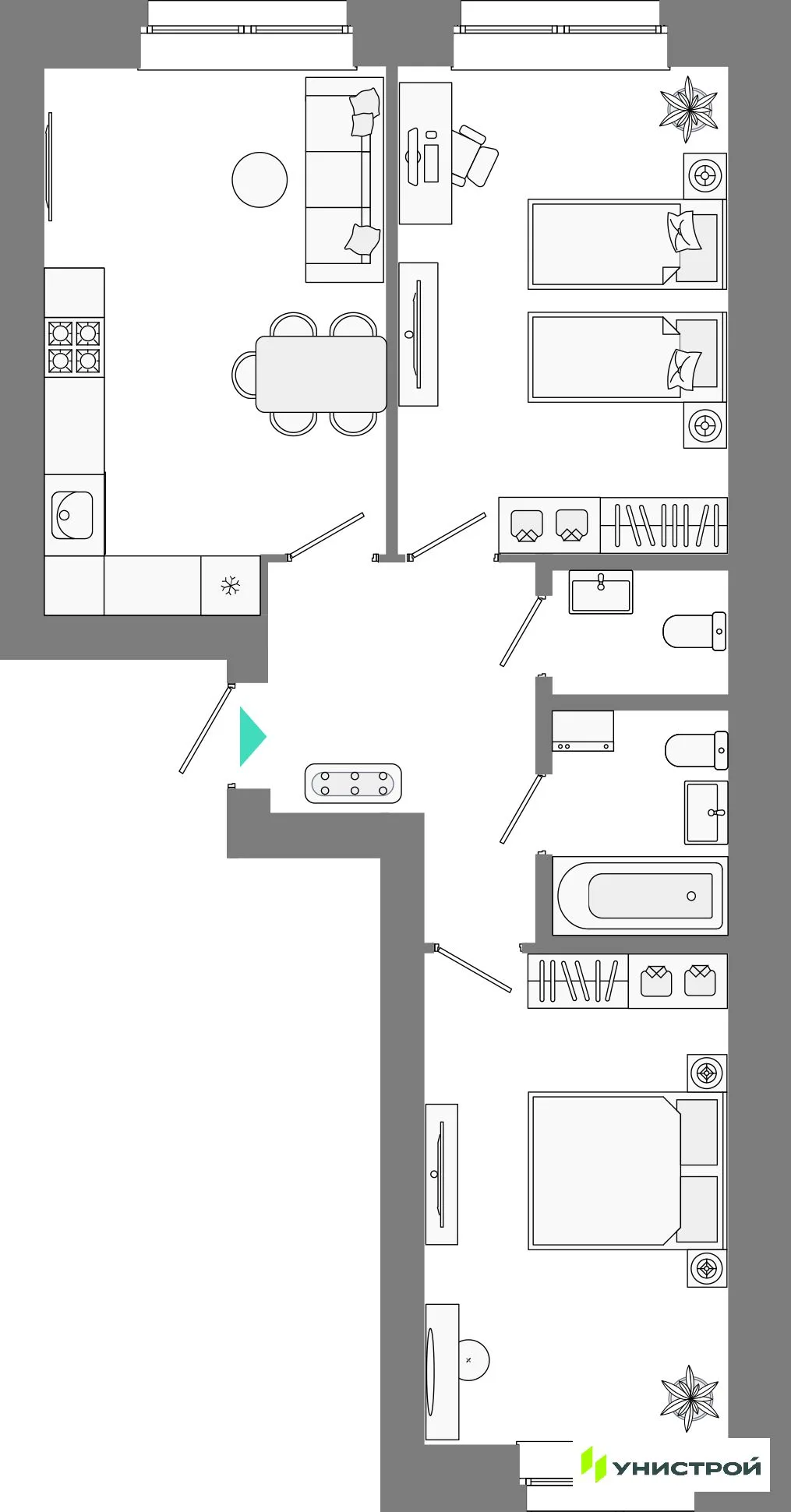 Планировка 2-комн. квартира, 60.82 м² ЖК «Лето»