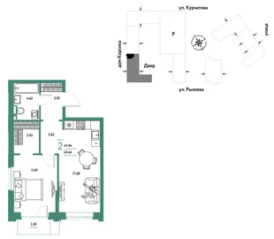 Планировка 2-комн. квартира, 48.23 м² ЖК «Остров-сад»
