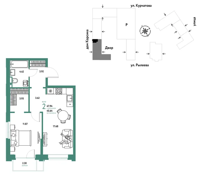 Планировка 2-комн. квартира, 48.23 м² ЖК «Остров-сад» Планировка 2-комн. квартира, 48.23 м² ЖК «Остров-сад»