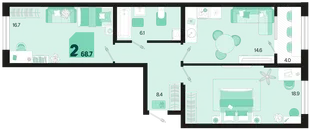 Планировка 2-комн. квартира, 68.7 м² ЖК «Первое место»