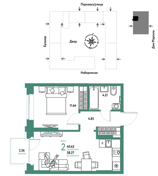 Планировка 2-комн. квартира, 40.63 м² ЖК «Европейский берег 2.0»