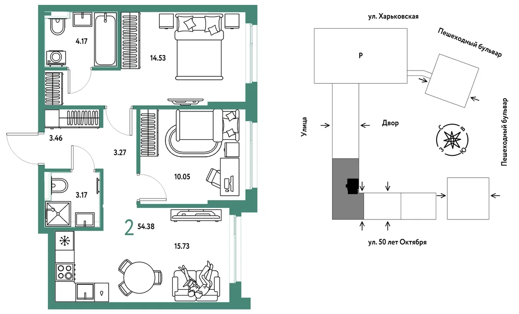 Планировка 2-комн. квартира, 54.38 м² ЖК «Сердце Сибири»