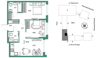 Планировка 2-комн. квартира, 54.38 м² ЖК «Сердце Сибири»