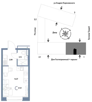 Планировка Студия, 21.51 м² ЖК «Микрорайон Домашний»