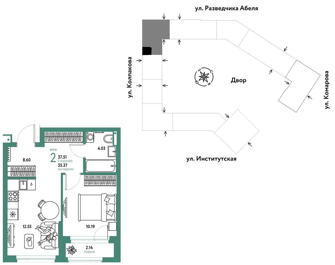Планировка 2-комн. квартира, 37.51 м² ЖК «Страна.Парковая»