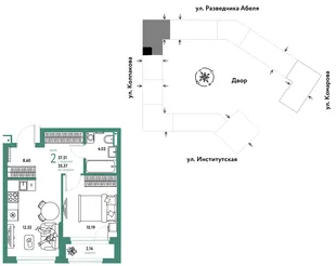 Планировка 2-комн. квартира, 37.51 м² ЖК «Страна.Парковая»