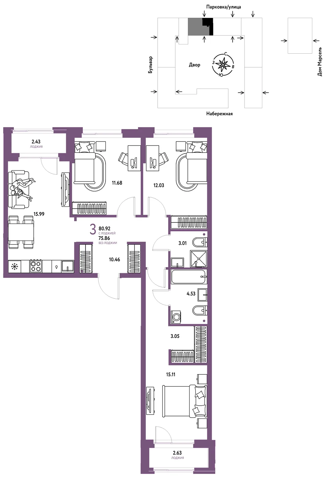 Планировка 3-комн. квартира, 80.92 м² ЖК «Европейский берег 2.0»