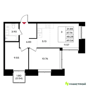 Планировка 3-комн. квартира, 48.28 м² ЖК «Уникум на Энгельса»