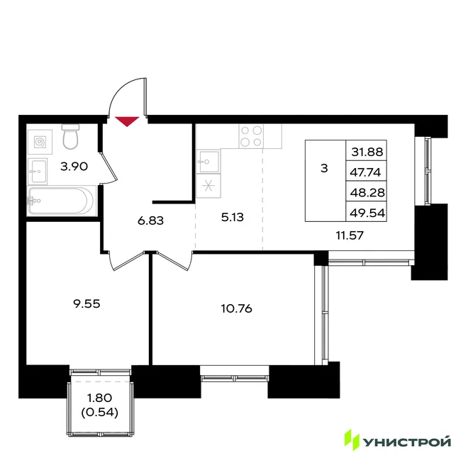 Планировка 3-комн. квартира, 48.28 м² ЖК «Уникум на Энгельса» Планировка 3-комн. квартира, 48.28 м² ЖК «Уникум на Энгельса»