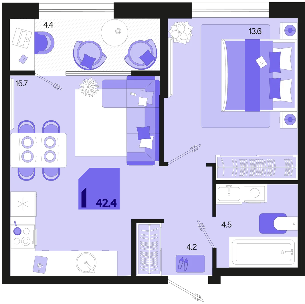 Планировка 1-комн. квартира, 42.4 м² ЖК «Первое место»