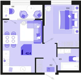 Планировка 1-комн. квартира, 42.4 м² ЖК «Первое место»