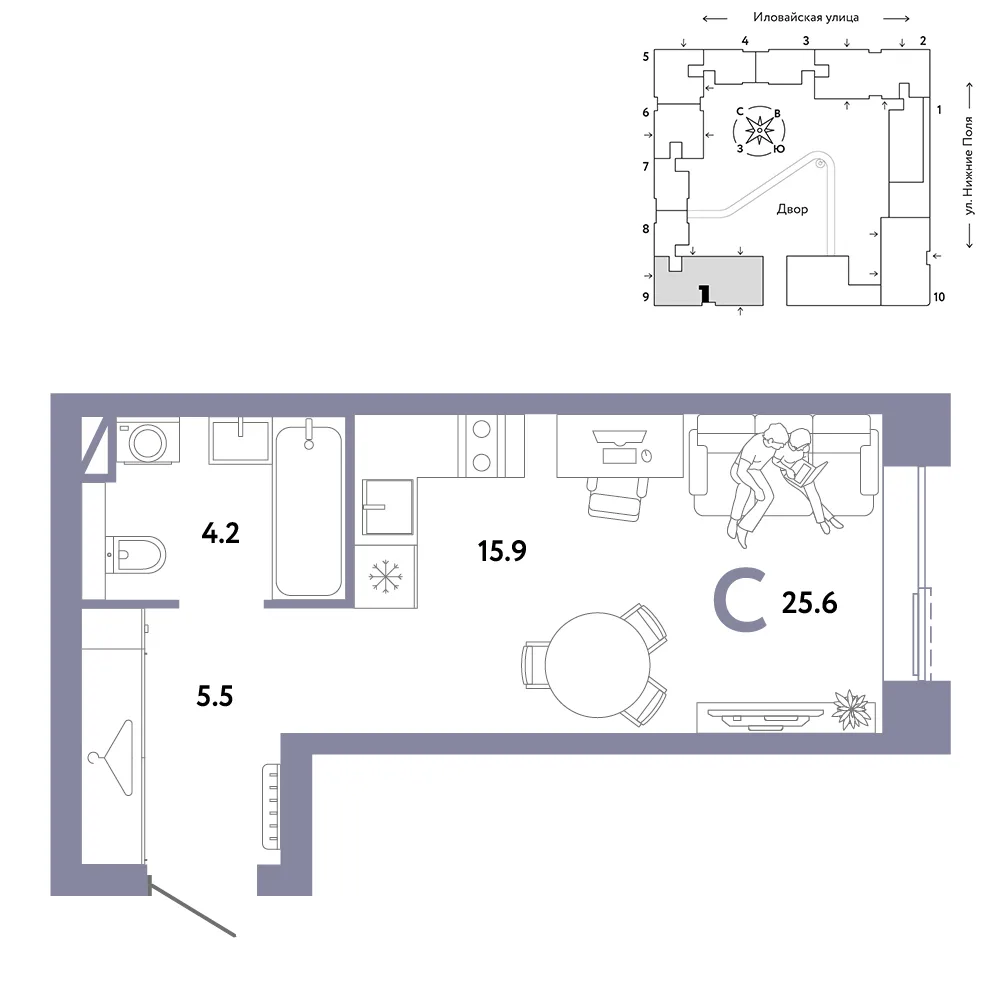 Планировка Студия, 25.6 м² ЖК «Страна.Заречная»