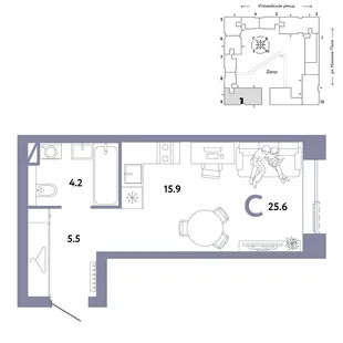 Планировка Студия, 25.6 м² ЖК «Страна.Заречная»