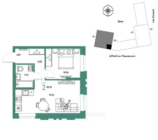Планировка 2-комн. квартира, 39.19 м² ЖК «Сибирский сад»
