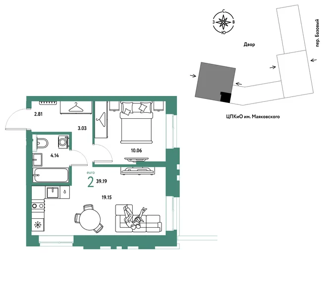Планировка 2-комн. квартира, 39.19 м² ЖК «Сибирский сад» Планировка 2-комн. квартира, 39.19 м² ЖК «Сибирский сад»