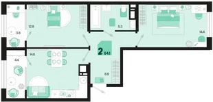 Планировка 2-комн. квартира, 64.1 м² ЖК «Первое место»