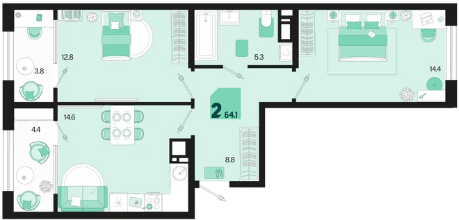 Планировка 2-комн. квартира, 64.1 м² ЖК «Первое место» Планировка 2-комн. квартира, 64.1 м² ЖК «Первое место»