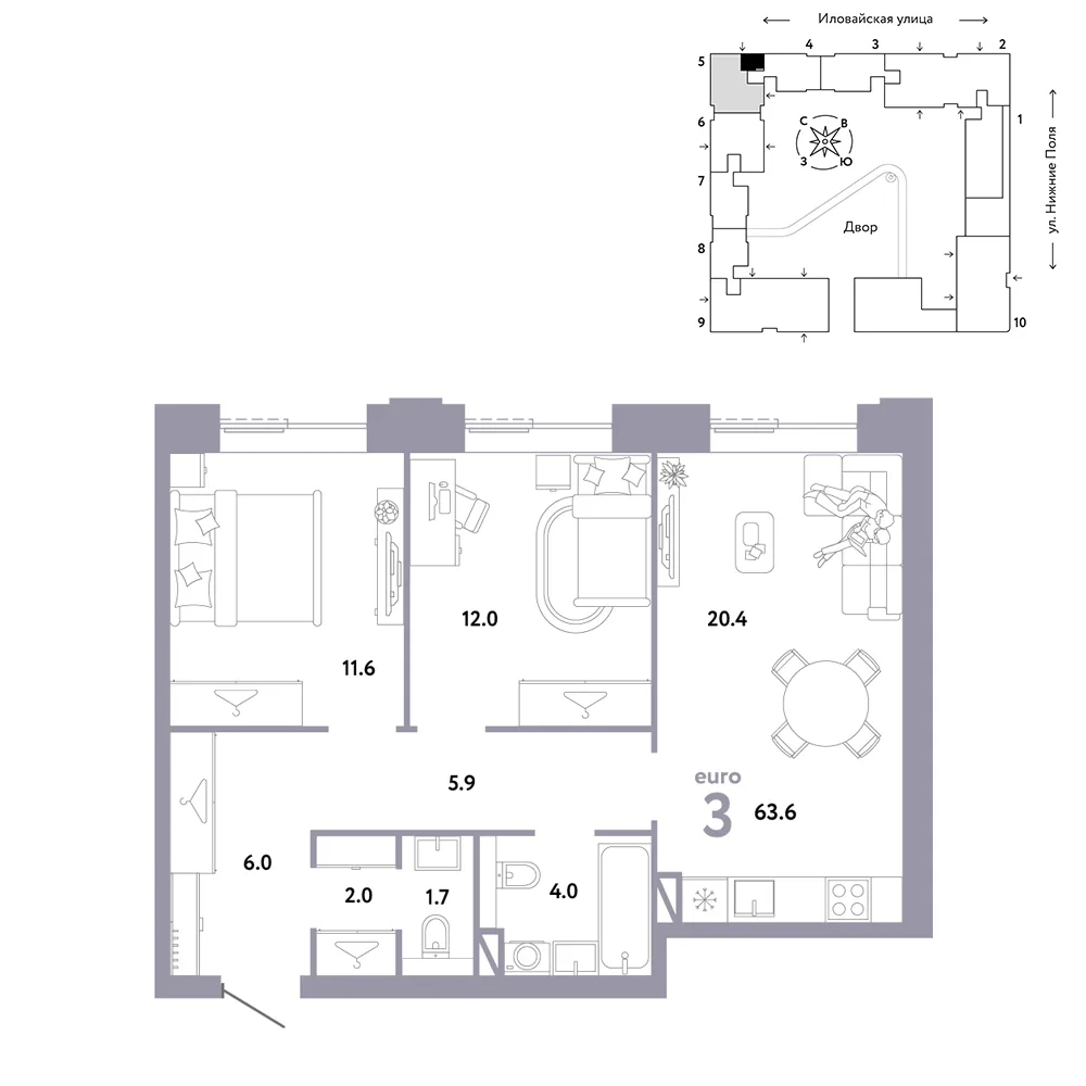Планировка 3-комн. квартира, 63.6 м² ЖК «Страна.Заречная»