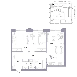 Планировка 3-комн. квартира, 63.6 м² ЖК «Страна.Заречная»