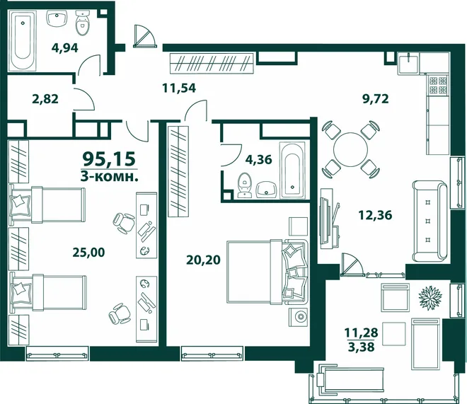 Планировка 3-комн. квартира, 95.15 м² ЖК «Аквамарин 2» Планировка 3-комн. квартира, 95.15 м² ЖК «Аквамарин 2»