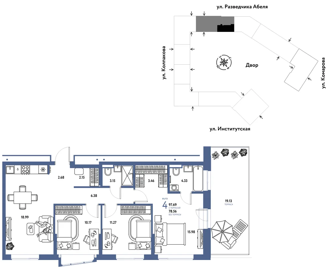 Планировка 4-комн. квартира, 97.69 м² ЖК «Страна.Парковая»