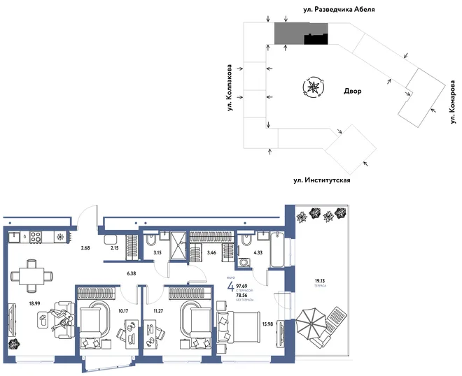 Планировка 4-комн. квартира, 97.69 м² ЖК «Страна.Парковая» Планировка 4-комн. квартира, 97.69 м² ЖК «Страна.Парковая»