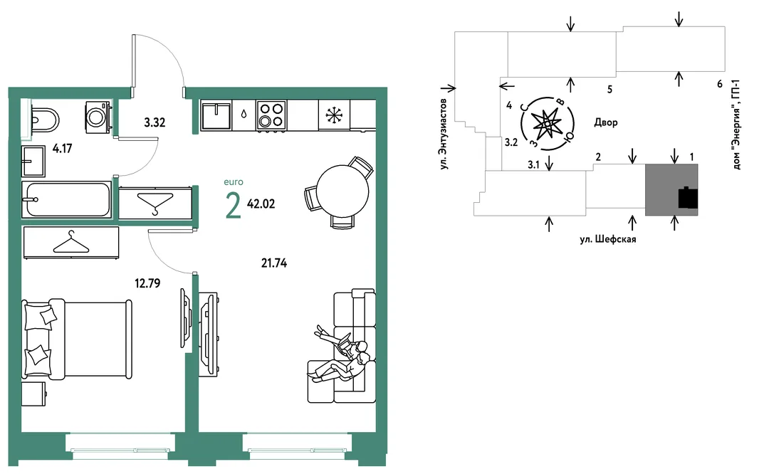 Планировка 2-комн. квартира, 42.02 м² ЖК «Страна.Энтузиастов»
