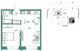 Планировка 2-комн. квартира, 42.02 м² ЖК «Страна.Энтузиастов»