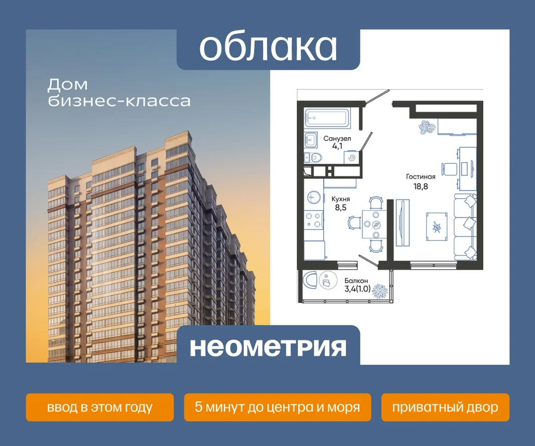 Планировка Студия, 32.4 м² ЖК «Облака»