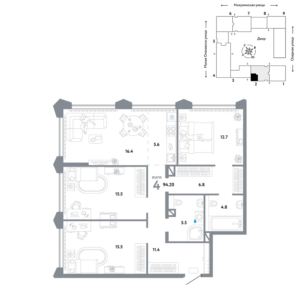 Планировка 4-комн. квартира, 94.2 м² ЖК «Страна.Озёрная»