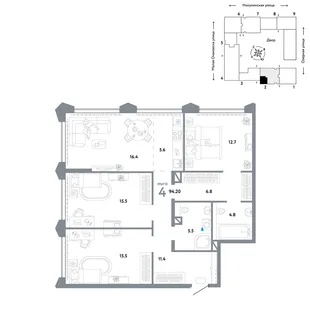 Планировка 4-комн. квартира, 94.2 м² ЖК «Страна.Озёрная»