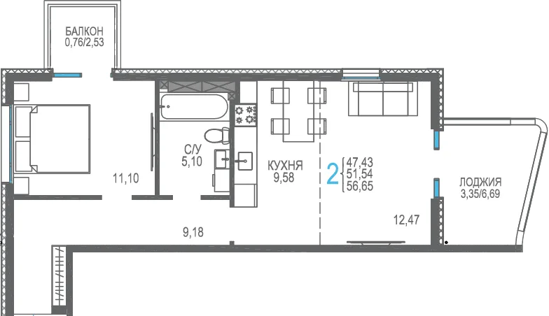 Планировка 2-комн. квартира, 56.49 м² ЖК «Розовое озеро»