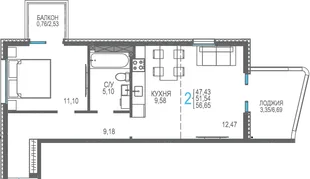 Планировка 2-комн. квартира, 56.49 м² ЖК «Розовое озеро»