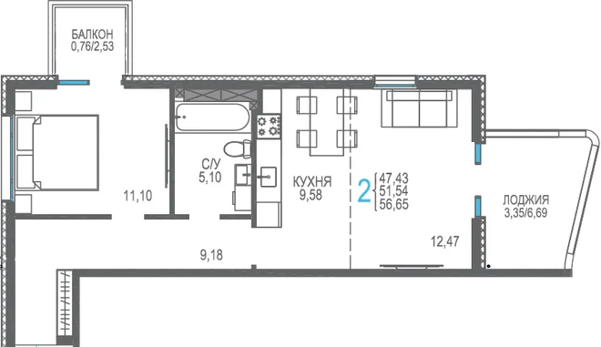 Планировка 2-комн. квартира, 56.49 м² ЖК «Розовое озеро»