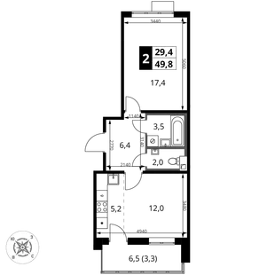 Планировка 2-комн. квартира, 49.8 м² ЖК «1-й Шереметьевский»