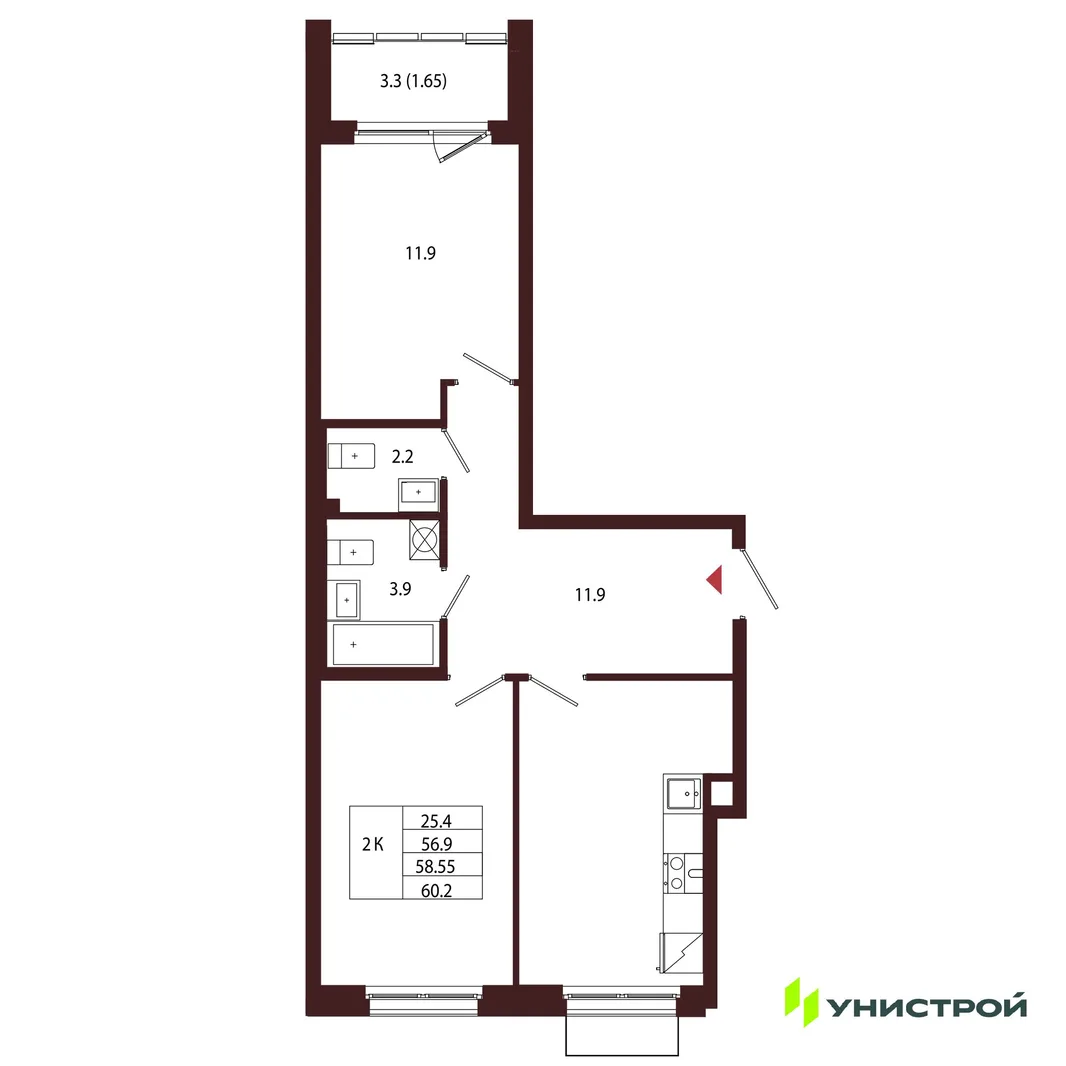 Планировка 2-комн. квартира, 58.55 м² ЖК «Лисино»
