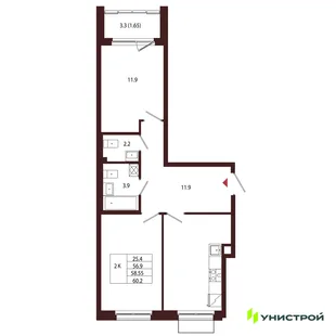 Планировка 2-комн. квартира, 58.55 м² ЖК «Лисино»