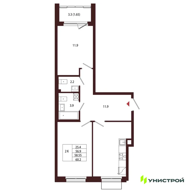 Планировка 2-комн. квартира, 58.55 м² ЖК «Лисино» Планировка 2-комн. квартира, 58.55 м² ЖК «Лисино»