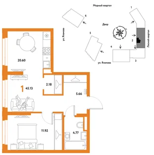 Планировка 1-комн. квартира, 45.13 м² ЖК «Сибирский сад»